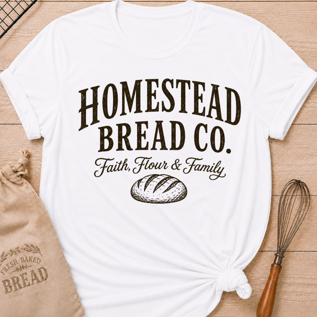 White women's relaxed fit t-shirt with a vintage bread graphic and the words Homestead Bread Co. Faith, Flour and Family.