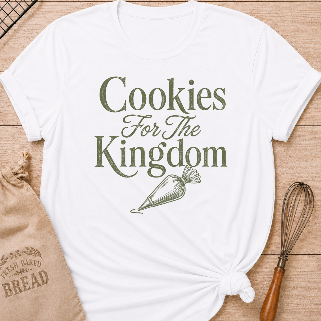 White women's relaxed fit t-shirt with the words Cookies for the Kingdom in vintage lettering and a classic piping bag.