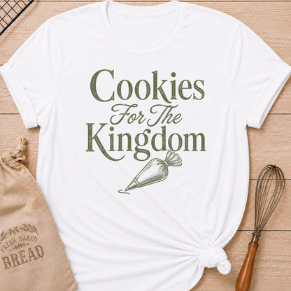 White women's relaxed fit t-shirt with the words Cookies for the Kingdom in vintage lettering and a classic piping bag.