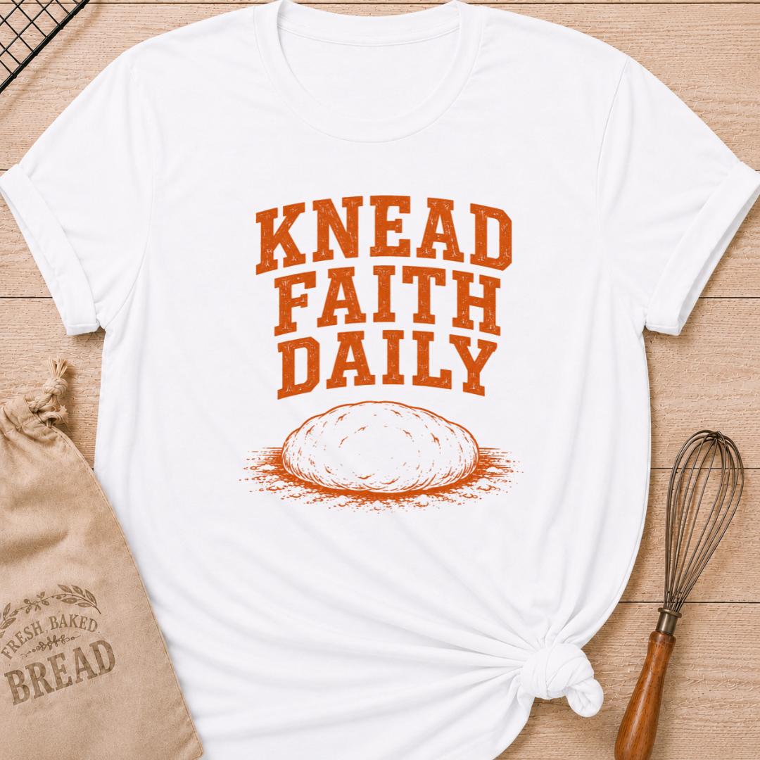 White women's relaxed fit t-shirt with the words Knead Faith Daily in strong vintage lettering with a simple hand-drawn loaf in a classic bake shop style.