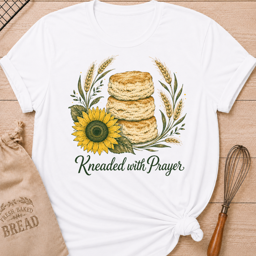 White Kneaded With Prayer women's relaxed fit tee with a stack of homemade biscuits, golden wheat, and a sunflower