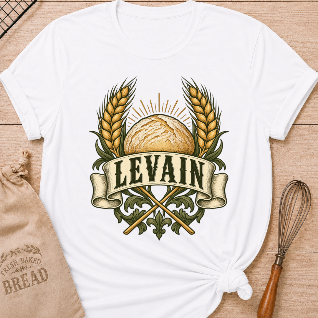 White women's relaxed fit tee with a rustic loaf between golden wheat and radiant accents, with Levain lettering on an old-world banner