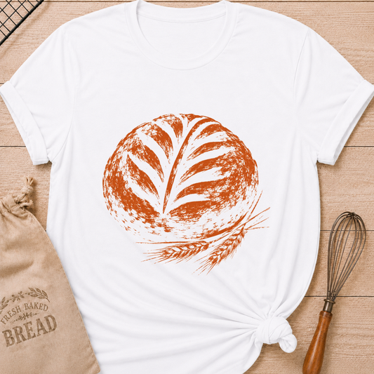 White women's relaxed fit tee with a beautifully scored artisan loaf and classic wheat stalks in a warm distressed finish