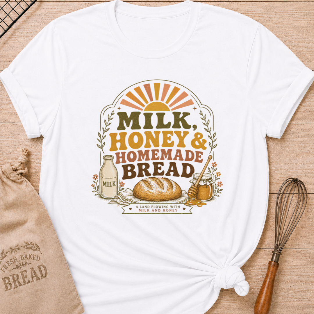 White women's relaxed fit t-shirt with the words Milk, Honey & Homemade Bread in vintage lettering with a rustic loaf, an old-fashioned milk bottle, and a jar of honey beneath a retro sunrise.