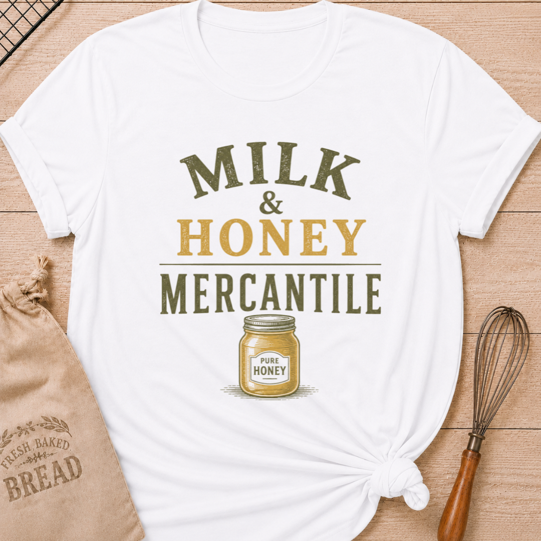 White Milk and Honey Mercantile women's relaxed fit tee with vintage lettering and a classic jar of pure honey