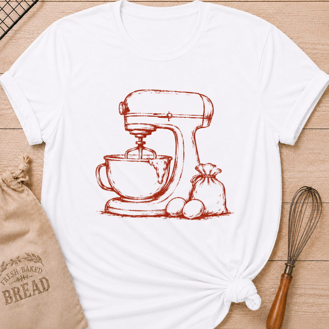 White women's relaxed fit t-shirt with a vintage stand mixer, a flour sack and fresh eggs in a single color sketch.