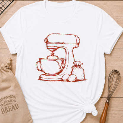 White women's relaxed fit t-shirt with a vintage stand mixer, a flour sack and fresh eggs in a single color sketch.