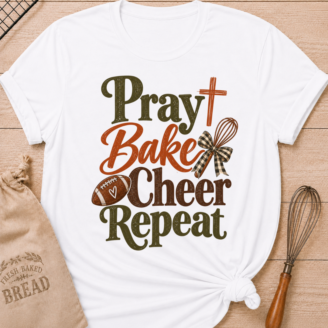 White women's relaxed fit tee with bold vintage Pray Bake Cheer Repeat lettering, a football, whisk, cross and gingham bow in warm autumn tones