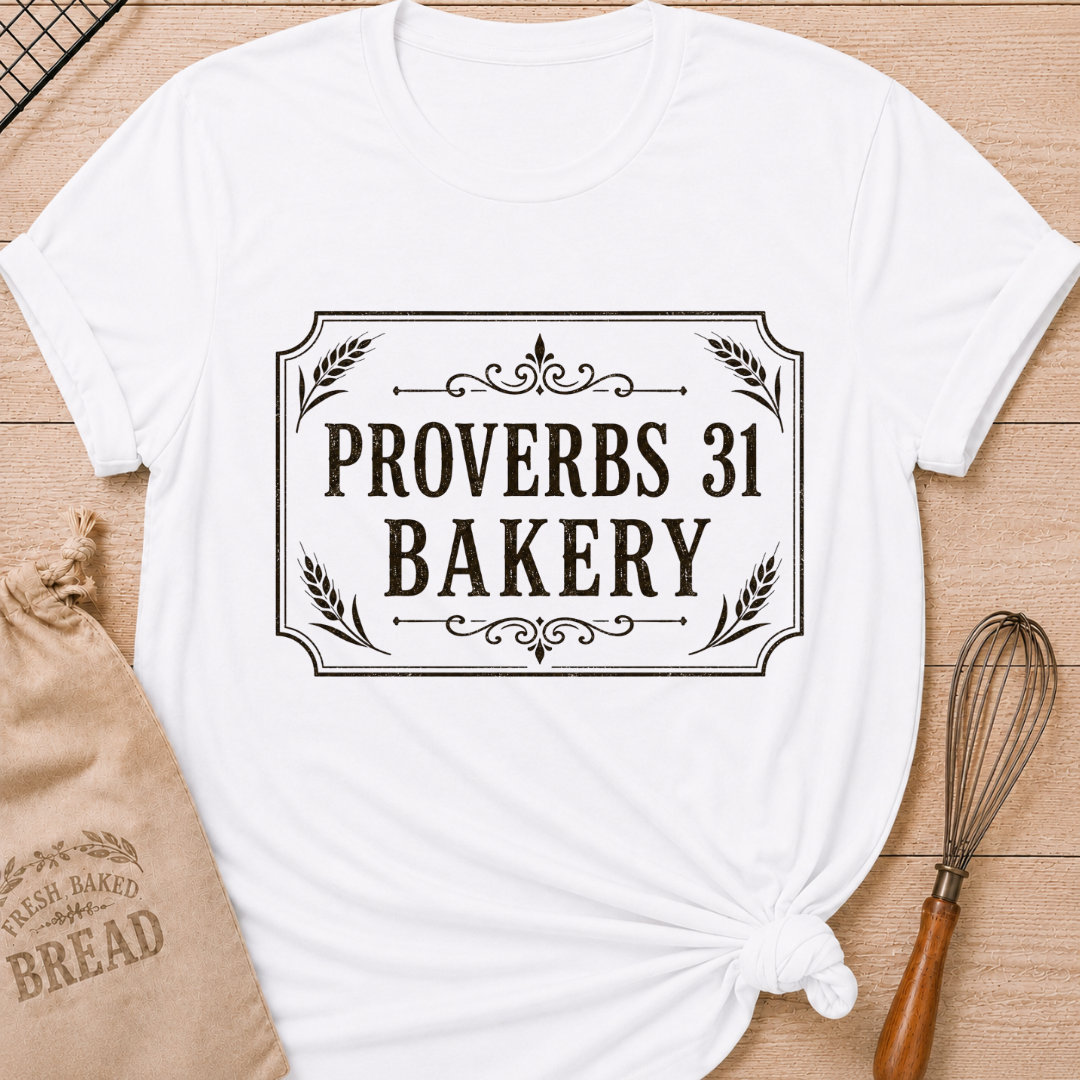 White women's relaxed fit t-shirt with Proverbs 31 Bakery in classic lettering framed by wheat and ornamental details.