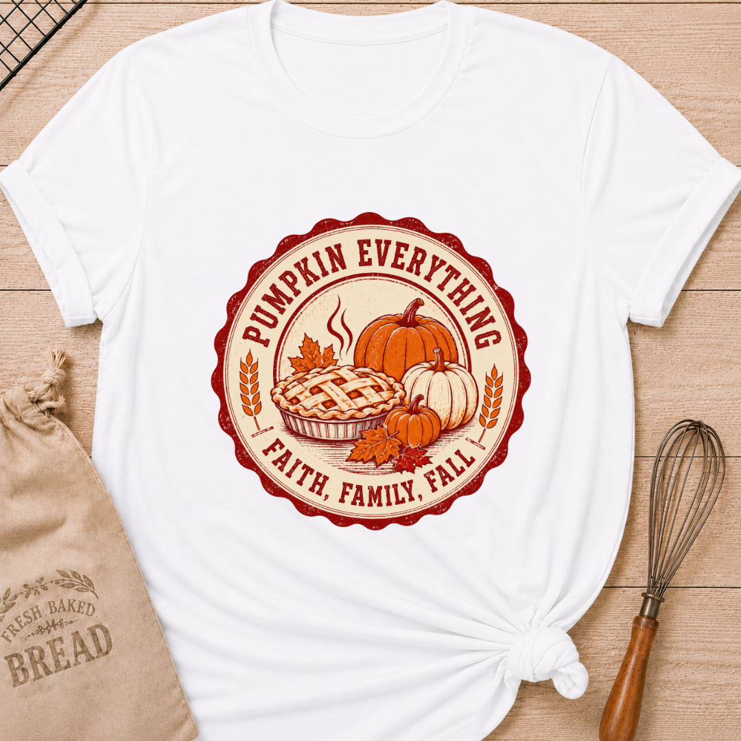 White women's relaxed fit tee with a steaming lattice pie surrounded by pumpkins, autumn leaves and wheat in a vintage harvest badge, with Pumpkin Everything and Faith, Family, Fall lettering