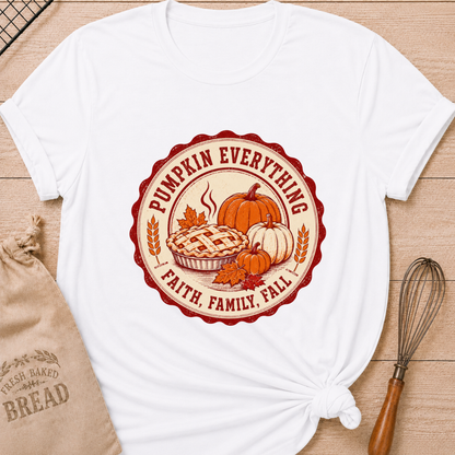 White women's relaxed fit tee with a steaming lattice pie surrounded by pumpkins, autumn leaves and wheat in a vintage harvest badge, with Pumpkin Everything and Faith, Family, Fall lettering