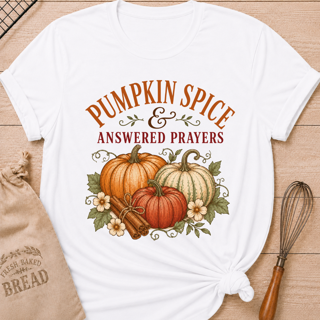 White women's relaxed fit tee with vintage Pumpkins and Prayers lettering, a pumpkin arrangement, cinnamon sticks, florals and trailing vines