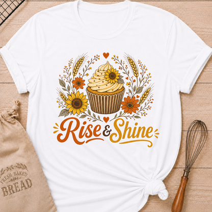A white short-sleeve T-shirt laid flat on a wood surface, styled with a knotted hem, a burlap bread bag, and a whisk. The shirt features a large autumn-themed cupcake graphic with sunflowers, wheat, hearts, and the words “Rise & Shine” in orange and yellow lettering.
