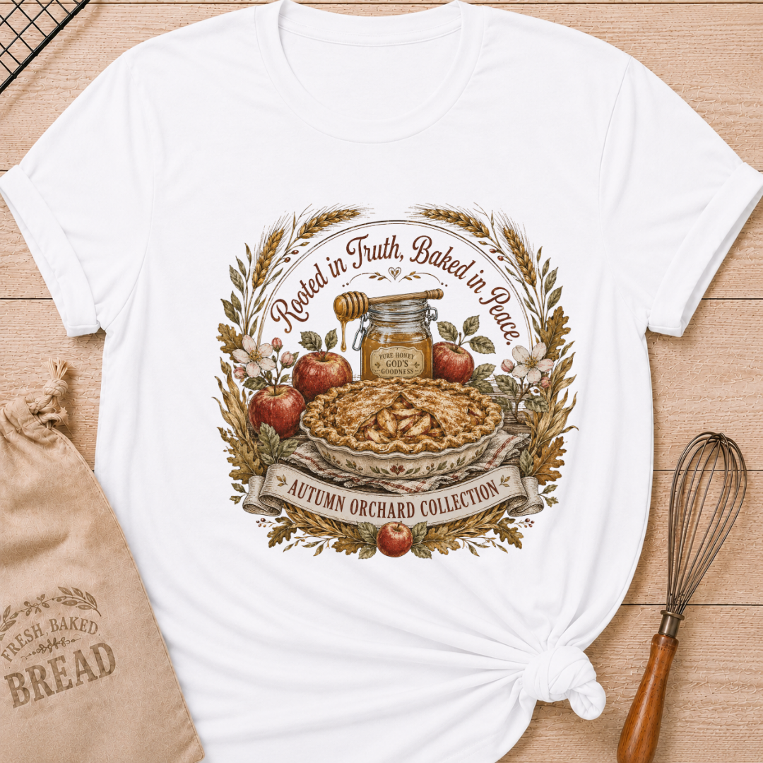 White women's relaxed fit tee with Rooted in Truth, Baked in Peace lettering over a rustic apple pie, fresh apples, golden wheat, autumn leaves and a jar of honey in a vintage harvest composition