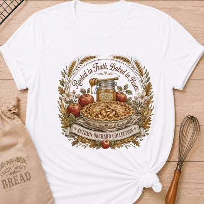 White women's relaxed fit tee with Rooted in Truth, Baked in Peace lettering over a rustic apple pie, fresh apples, golden wheat, autumn leaves and a jar of honey in a vintage harvest composition