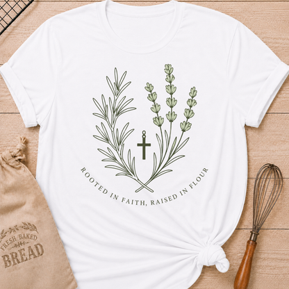 White women's relaxed fit t-shirt with rosemary, lavender and a simple cross and the words Rooted in Faith, Raised in Flour.