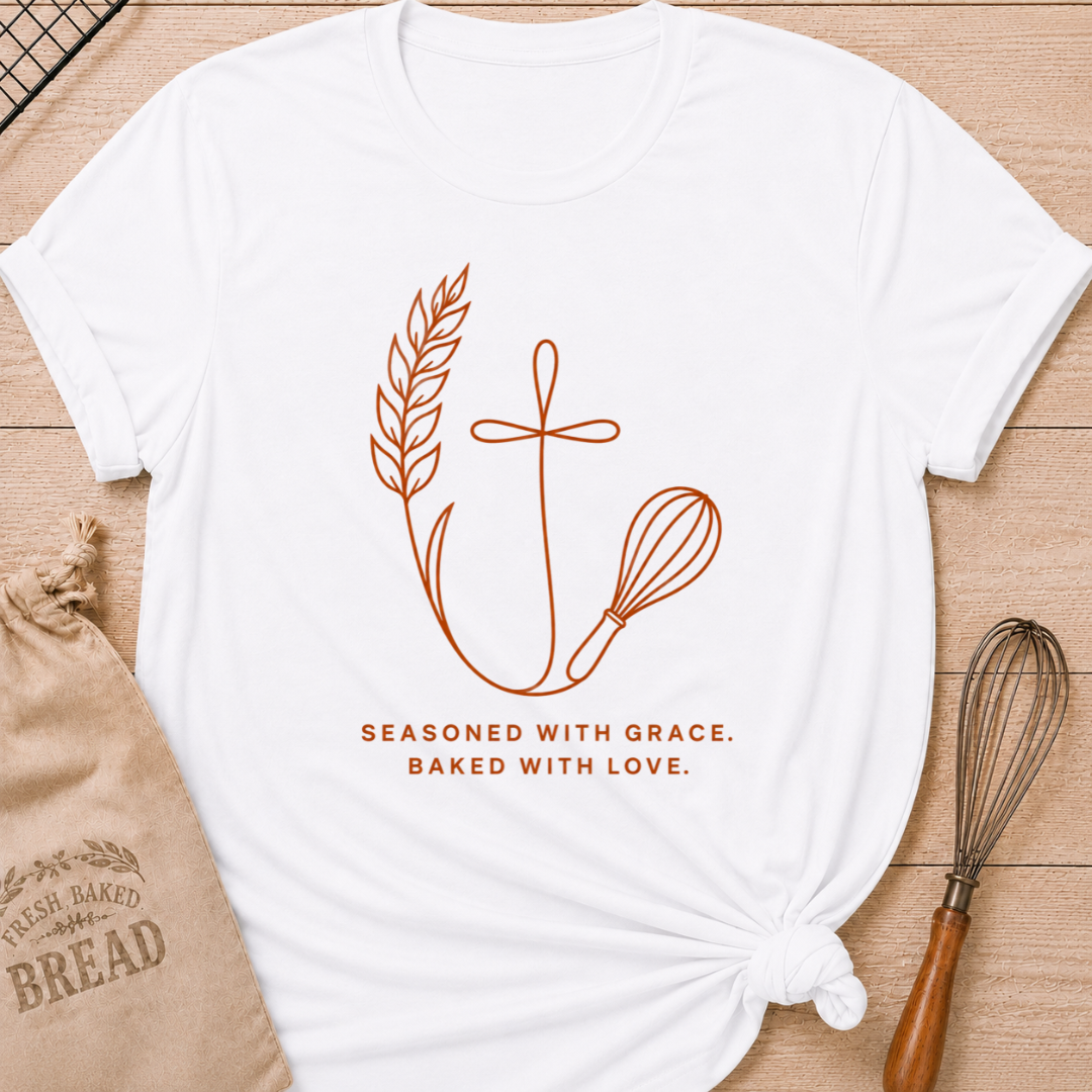White women's relaxed fit t-shirt with the words Seasoned With Grace, Baked With Love in clean line art with wheat, a subtle cross, and a classic whisk.