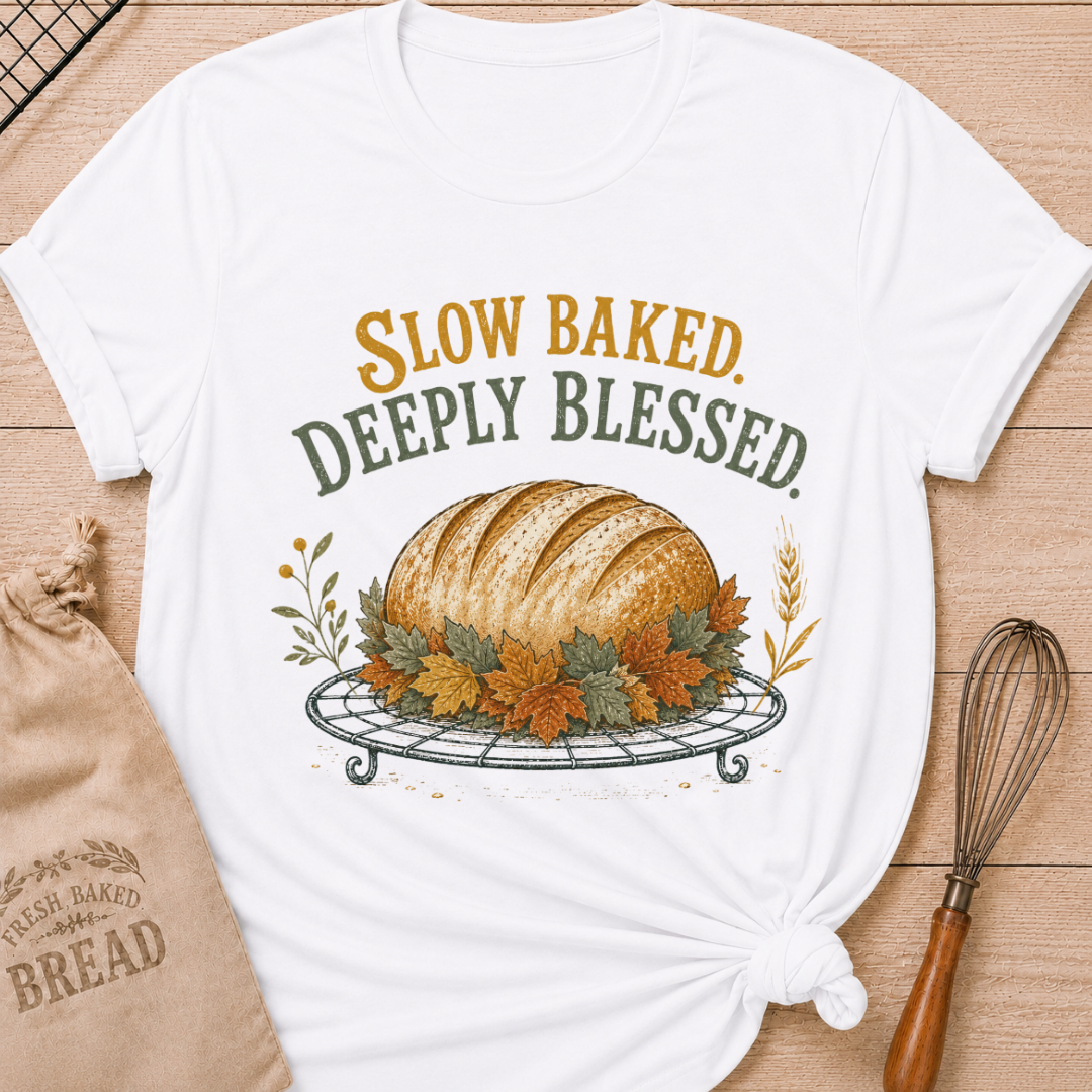 White women's relaxed fit tee with Slow Baked Deeply Blessed lettering over a golden artisan loaf resting on a vintage cooling rack, surrounded by richly colored fall leaves and wheat