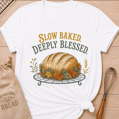 White women's relaxed fit tee with Slow Baked Deeply Blessed lettering over a golden artisan loaf resting on a vintage cooling rack, surrounded by richly colored fall leaves and wheat