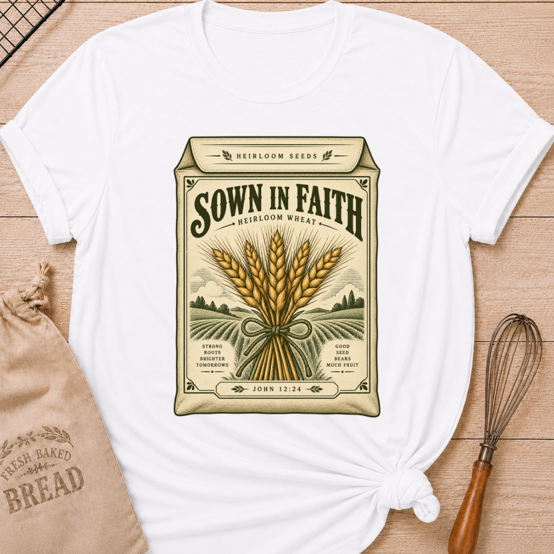 White women's relaxed fit tee with a vintage heirloom seed packet design, golden wheat, rolling fields and John 12:24 woven into the artwork beneath Sown in Faith lettering