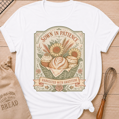 White Sown In Patience, Harvested In Gratitude women's relaxed fit tee with a vintage basket of bread, biscuits, cupcakes, sunflowers, and wheat