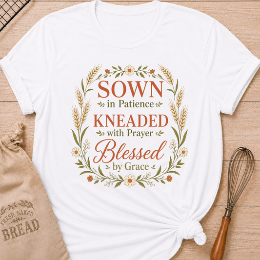 White women's relaxed fit t-shirt with the words Sown in Patience, Kneaded with Prayer, Blessed by Grace framed in wheat, daisies and delicate greenery.