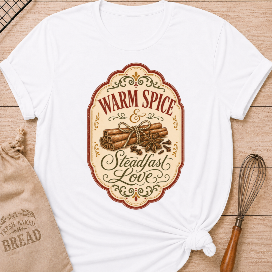 White women's relaxed fit tee with vintage label styling, cinnamon sticks, star anise and cloves in autumn tones