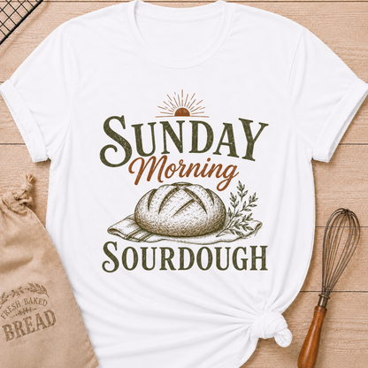 White Sunday Morning Sourdough women's relaxed fit tee with a rustic artisan loaf, vintage lettering and a soft rising sun