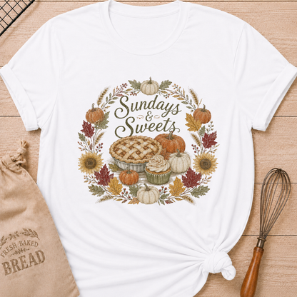 White women's relaxed fit tee with Sundays and Sweets lettering in a vintage harvest wreath of pumpkins, sunflowers, wheat and colorful fall leaves around a lattice pie and frosted cupcake