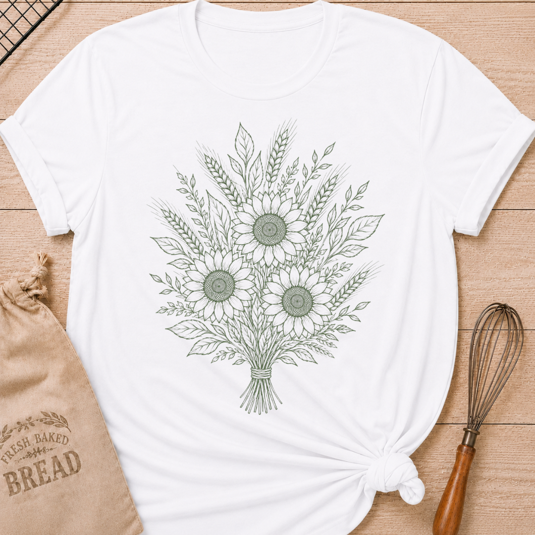 A white graphic t-shirt styled with a knotted hem, laid flat on a light wood background with a drawstring bread bag and a whisk. The shirt features a detailed botanical line art illustration of three sunflowers bundled together with wheat stalks and leafy foliage, tied at the base with twine, all rendered in soft sage green.

