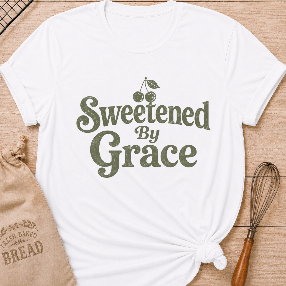 White women's relaxed fit t-shirt with the words Sweetened by Grace in playful vintage lettering and a cherry.