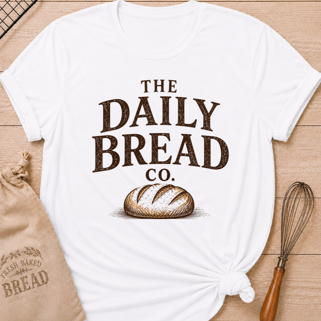 White The Daily Bread Co. women's relaxed fit tee with bold vintage lettering and a scored artisan loaf