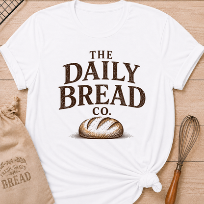 White The Daily Bread Co. women's relaxed fit tee with bold vintage lettering and a scored artisan loaf