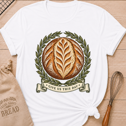 White women's relaxed fit tee with a scored artisan loaf framed by olive branches, finished with a vintage banner reading Give Us This Day
