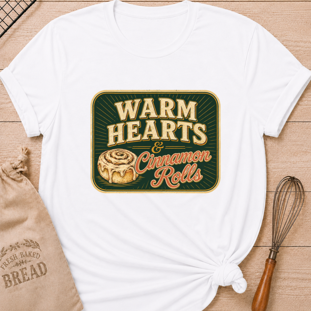 White women's relaxed fit t-shirt with the words Warm Hearts & Cinnamon Rolls in bold vintage lettering with a gooey iced cinnamon roll in a retro sign style.