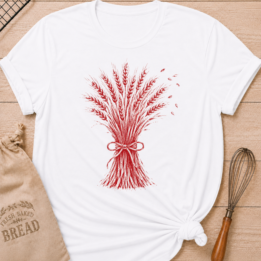 White women's relaxed fit tee with a hand-tied sheaf of wheat in a warm vintage red, with delicate grain details and a softly distressed finish