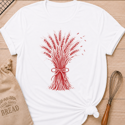 White women's relaxed fit tee with a hand-tied sheaf of wheat in a warm vintage red, with delicate grain details and a softly distressed finish