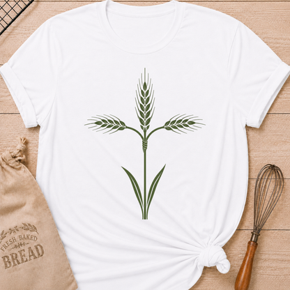 White women's relaxed fit t-shirt with a graceful cross formed from tied stalks of wheat.