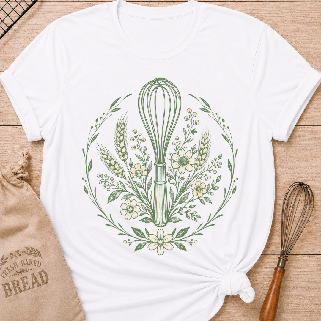 A white graphic t-shirt styled with a knotted hem, laid flat on a light wood background with a drawstring bread bag and a whisk. The shirt features a detailed botanical illustration of a kitchen whisk centered within a circular wreath of wildflowers, wheat stalks, daisies, and delicate foliage, all rendered in sage green line art.