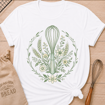 A white graphic t-shirt styled with a knotted hem, laid flat on a light wood background with a drawstring bread bag and a whisk. The shirt features a detailed botanical illustration of a kitchen whisk centered within a circular wreath of wildflowers, wheat stalks, daisies, and delicate foliage, all rendered in sage green line art.