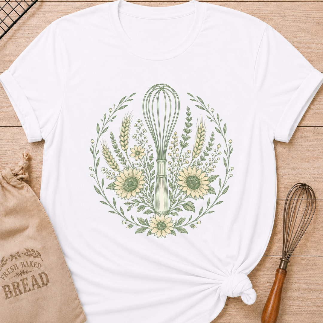 White Whisk, Wheat and Sunflowers women's relaxed fit tee with a kitchen whisk, golden wheat, sunflowers, and greenery