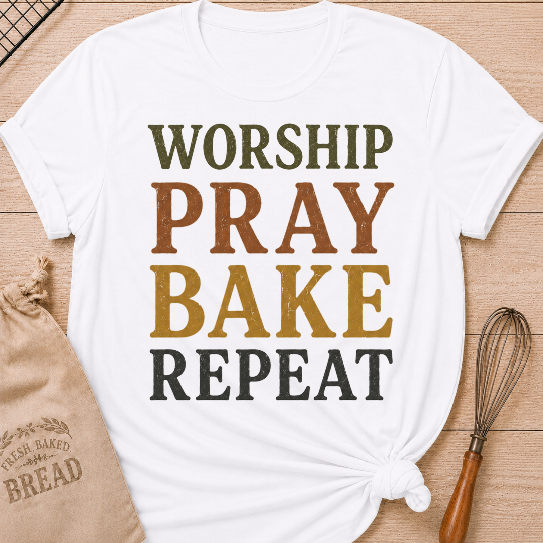 White Worship Pray Bake Repeat women's relaxed fit tee with bold stacked vintage typography in warm retro colors